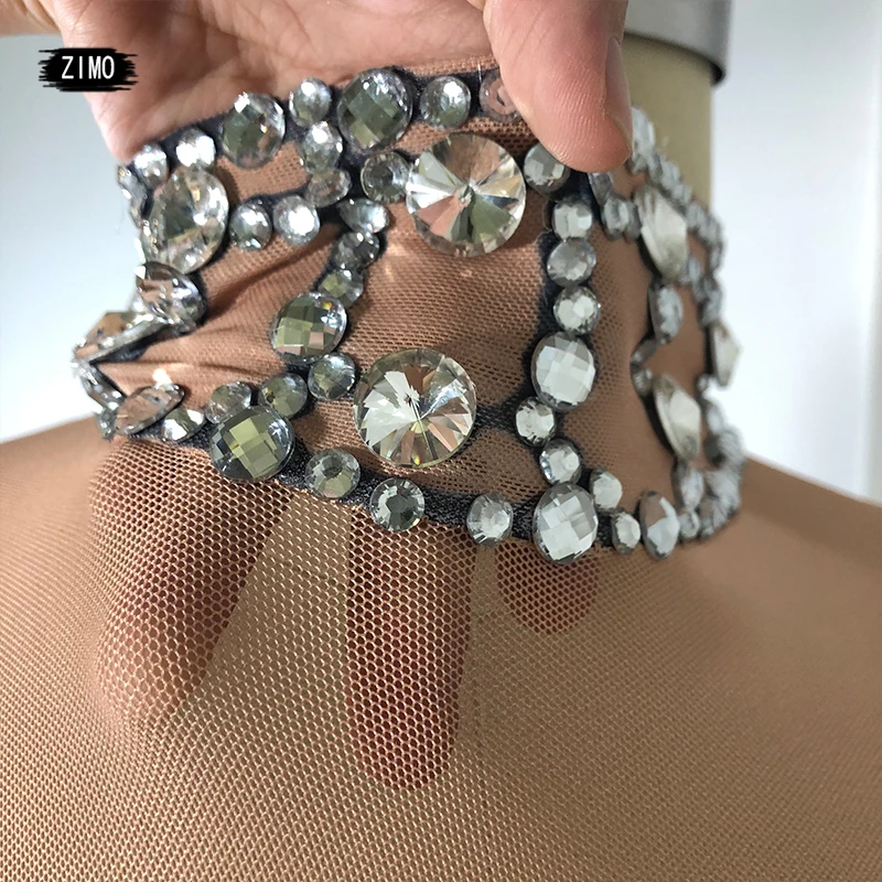 Sparkly Rhinestones Tassel Bodysuit Sexy Nude Mesh Transparent Nightclub Show Dance Costume Bar DS Singer Stage Performance Wear