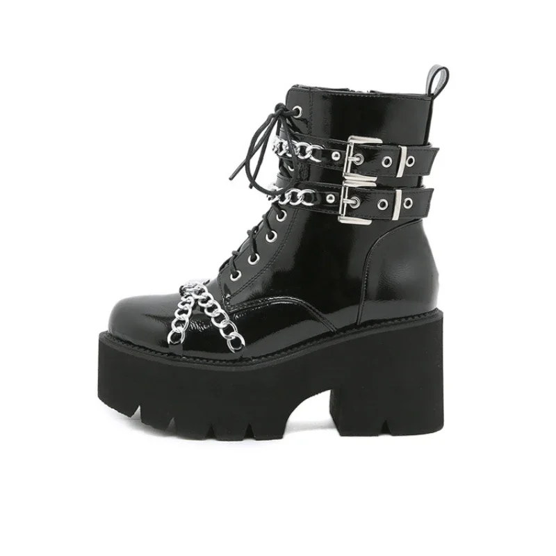 2024 Nieuwe Vrouwen Dikke Zolen Leren Laarzen Punk Gothic Stijl Korte Motorlaarzen Casual Platform Schoenen Vrouwen Enkellaarzen