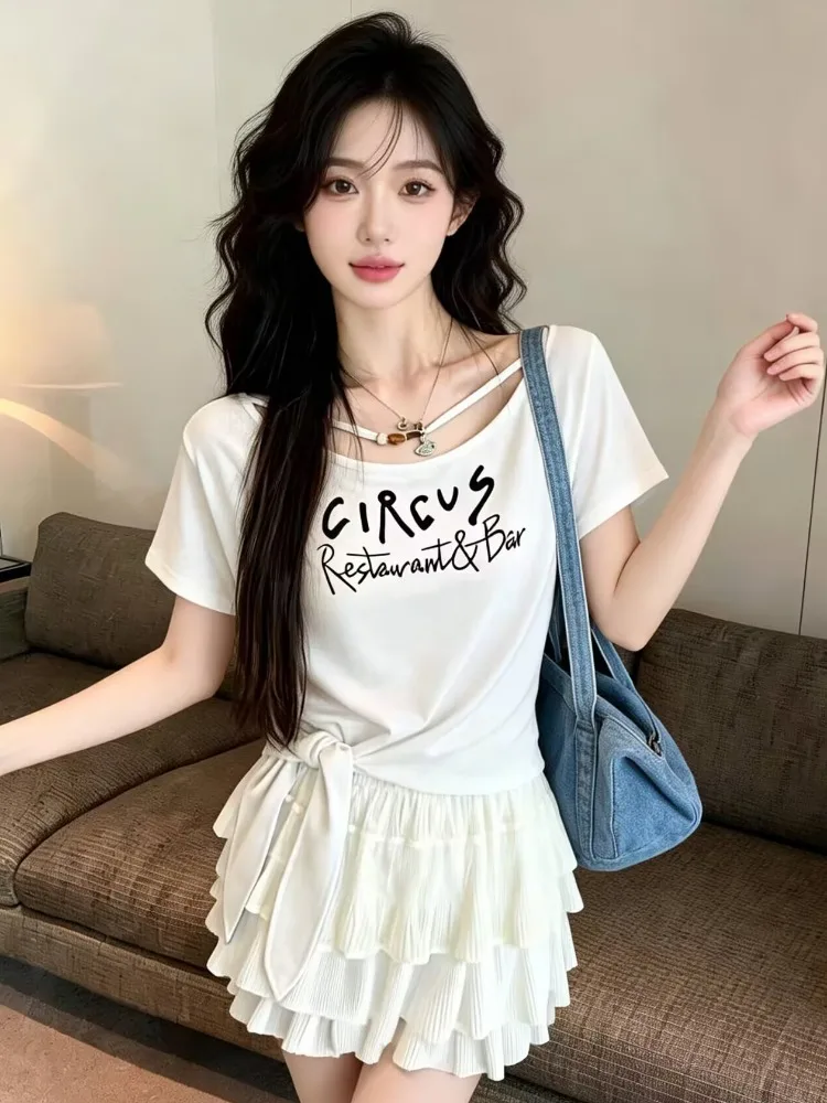 

Korean Style Loose Fit Short Sleeve T-Shirt Letter Print Casual Summer New Design Belt Tie Slimming Top for Women