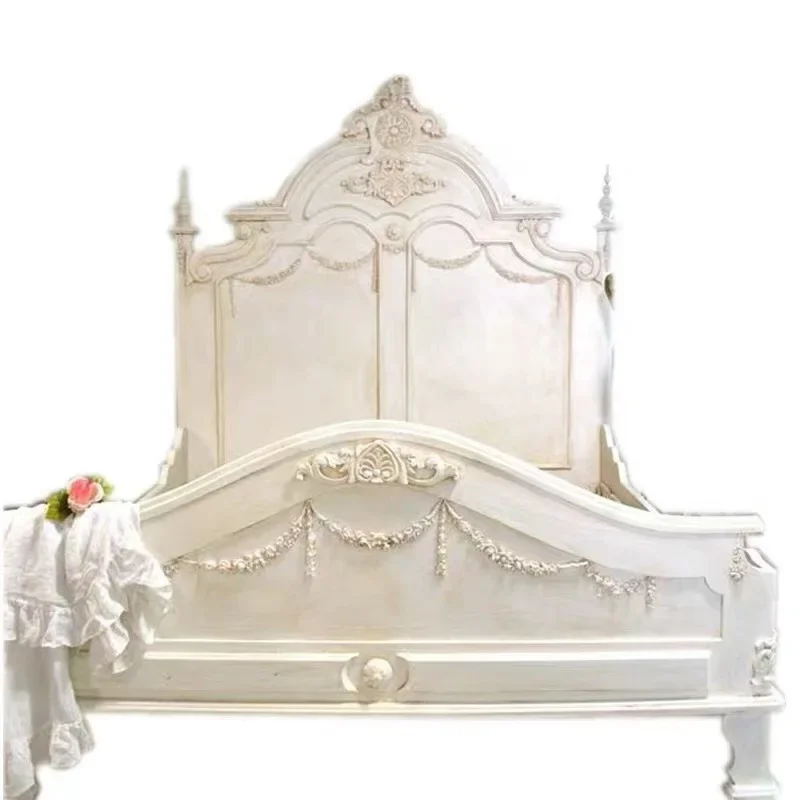

French court retro old princess bed British antique old queen American country real wood carving flower bed