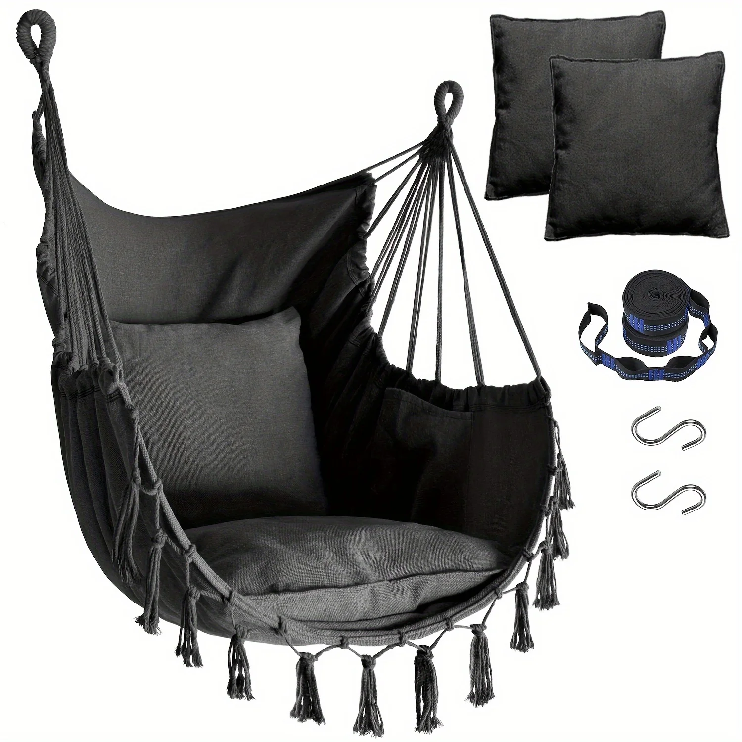 Hanging Hammock Chair with Two Cushions, Durable Webbing Straps And Hooks, Handcrafted for Outdoor Use in Gardens