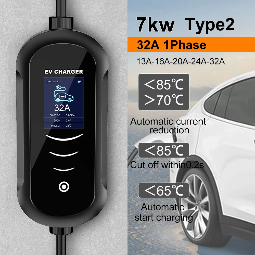 IPENGEN Portable 32A 7KW EV Charger Type2 1 Phase EVSE Charging Wallbox For Electric Vehicle Fast Battery Charger with CEE Plug
