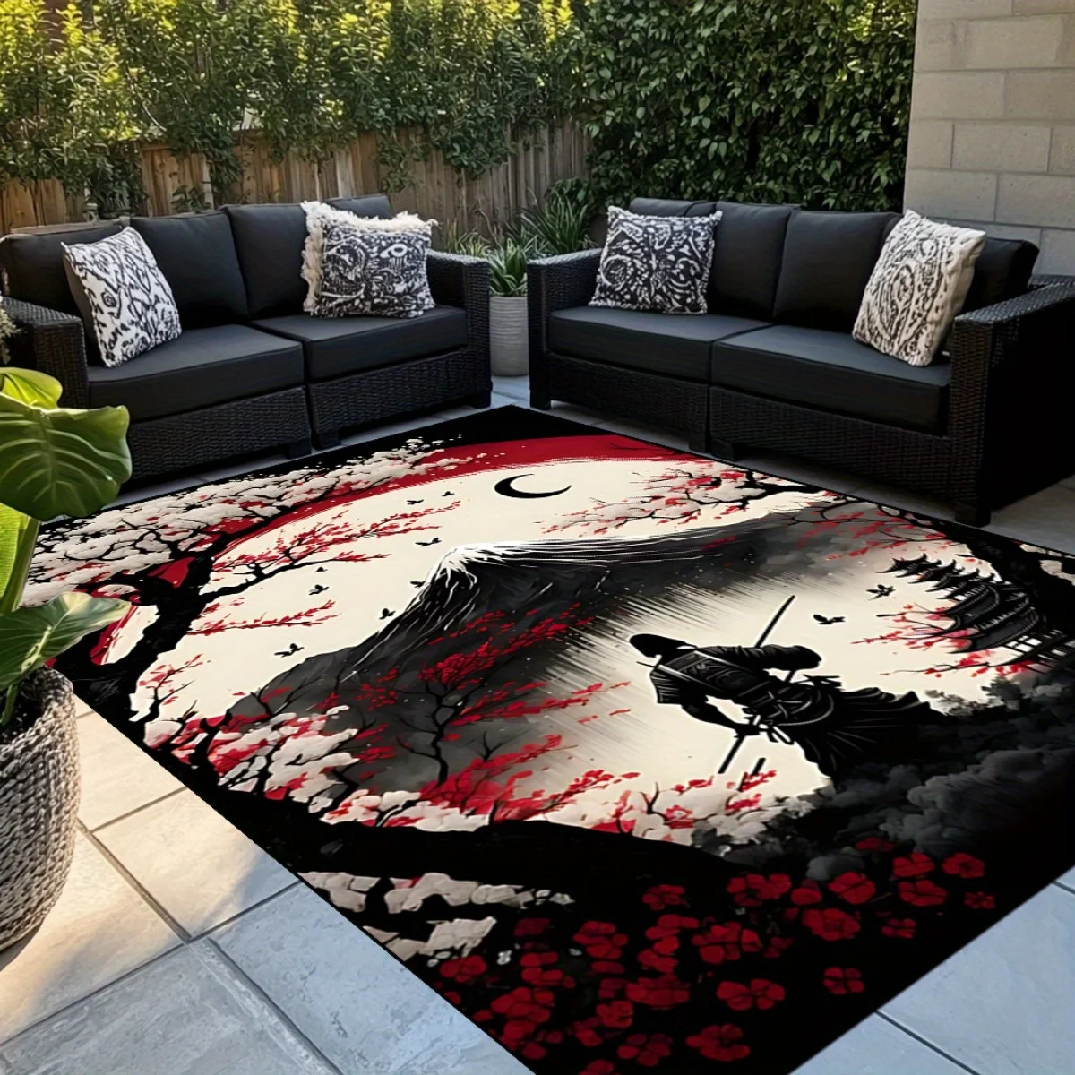 Flannel Printed Samurai Mountain Rug Japanese Art Design Soft Fleece Outdoor Mat Garden Patio Carpet Zen Decor Rugs