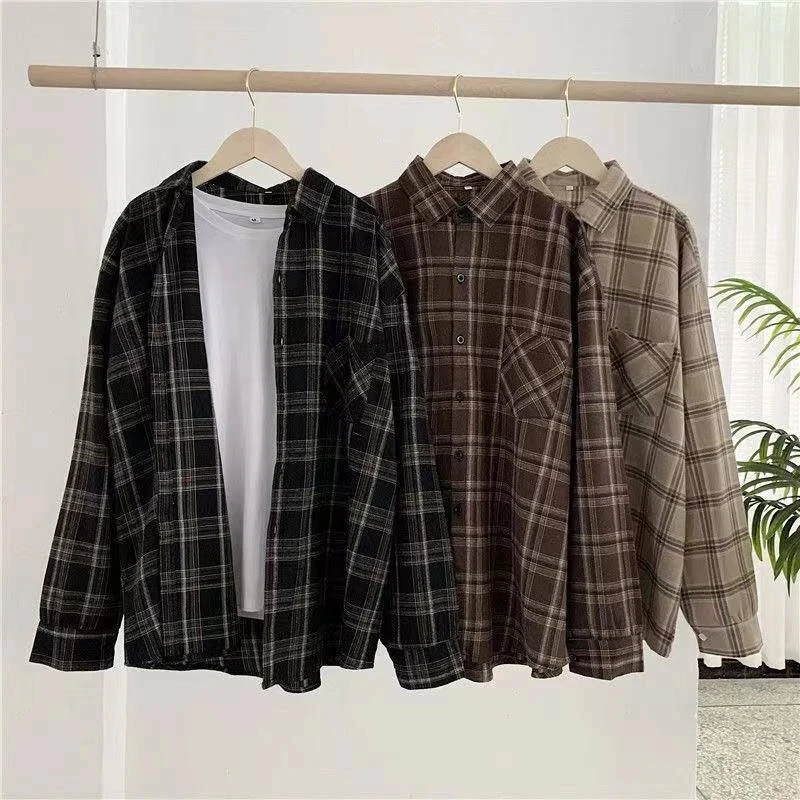 Zoki Vintage Women Plaid Shirts Spring Summer Long Sleeve Oversize Button Up Blusas Korean Fashion Loose Casual Tops