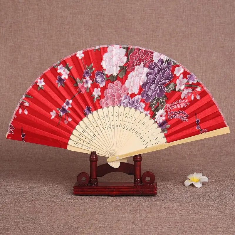 Chinese Style Bamboo Folding Fan Vintage Floral Print Hand Fan For Summer Cooling Dance Wedding Decor