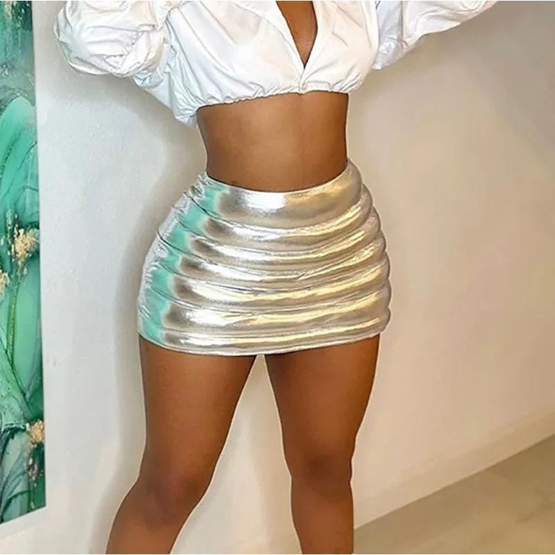 

Fashion Metallic Color Cotton-Filled Bubble Puff Bodycon Mini Skirt Y2K 2023 Autumn Sexy Solid Splash-Proof Zipper Party Wears