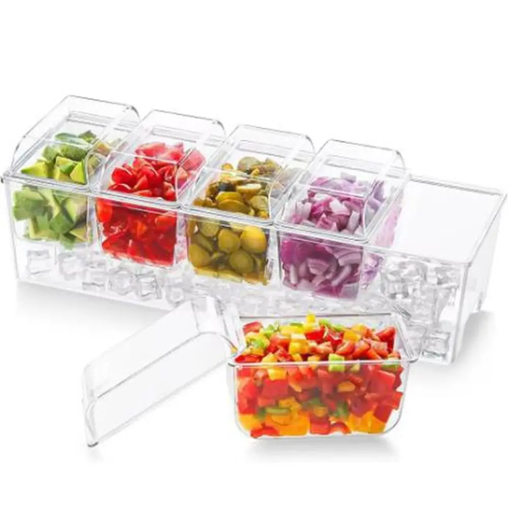 Plastic 4/5 Grids Condiment Tray Dustproof Large Capacity Transparent Fresh Iced Box Divider Lid Chilled Fruit Salad Box Picnic