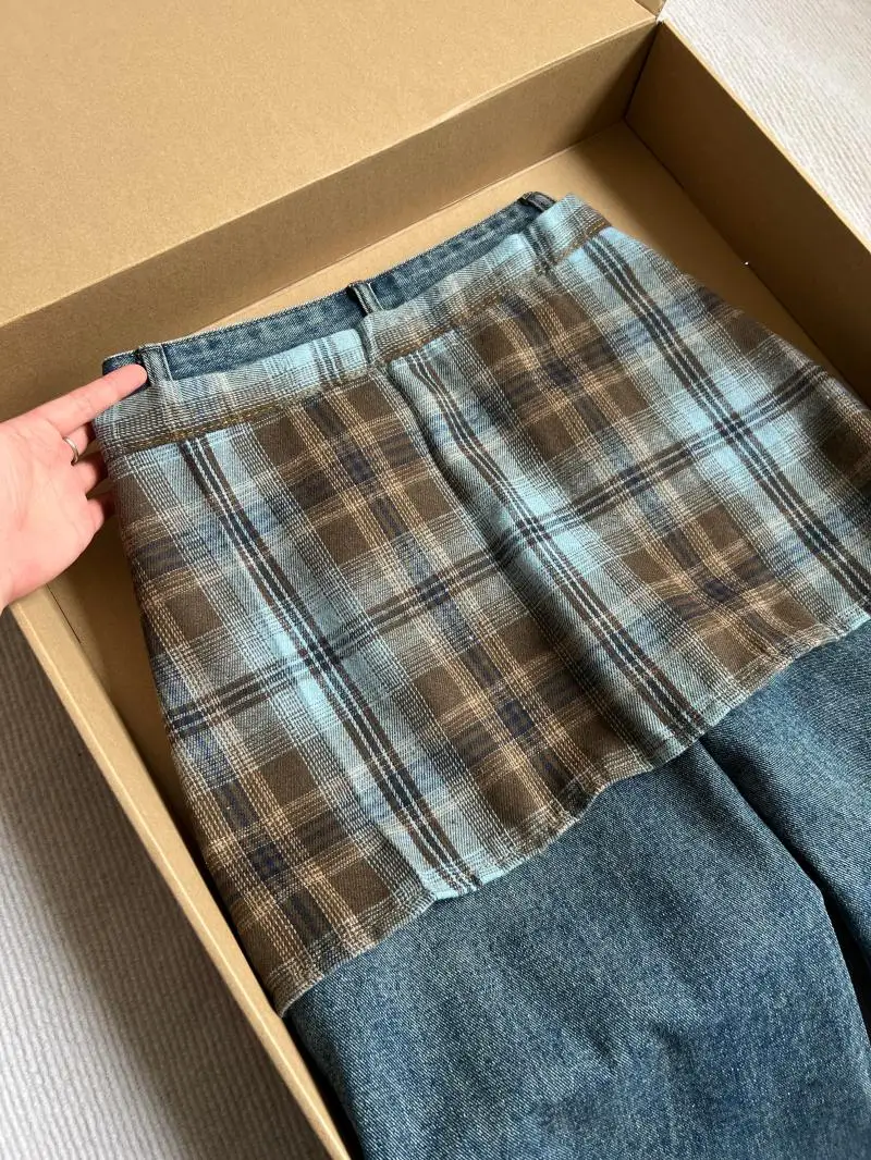 

Retro American High Street Plaid Wide Leg Jeans Women's High Waist Slimming Fake Hole Design Straight Long Pants