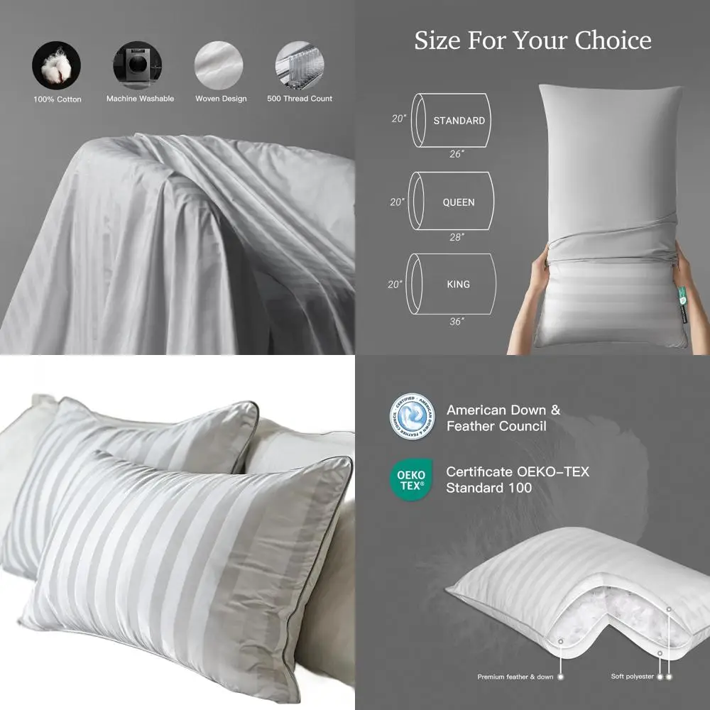 

Набор подушек Queen Size из хлопка 500TC – 2 штуки, гипоаллергенные, можно стирать в машине, идеально подходят для сна на боку/спине