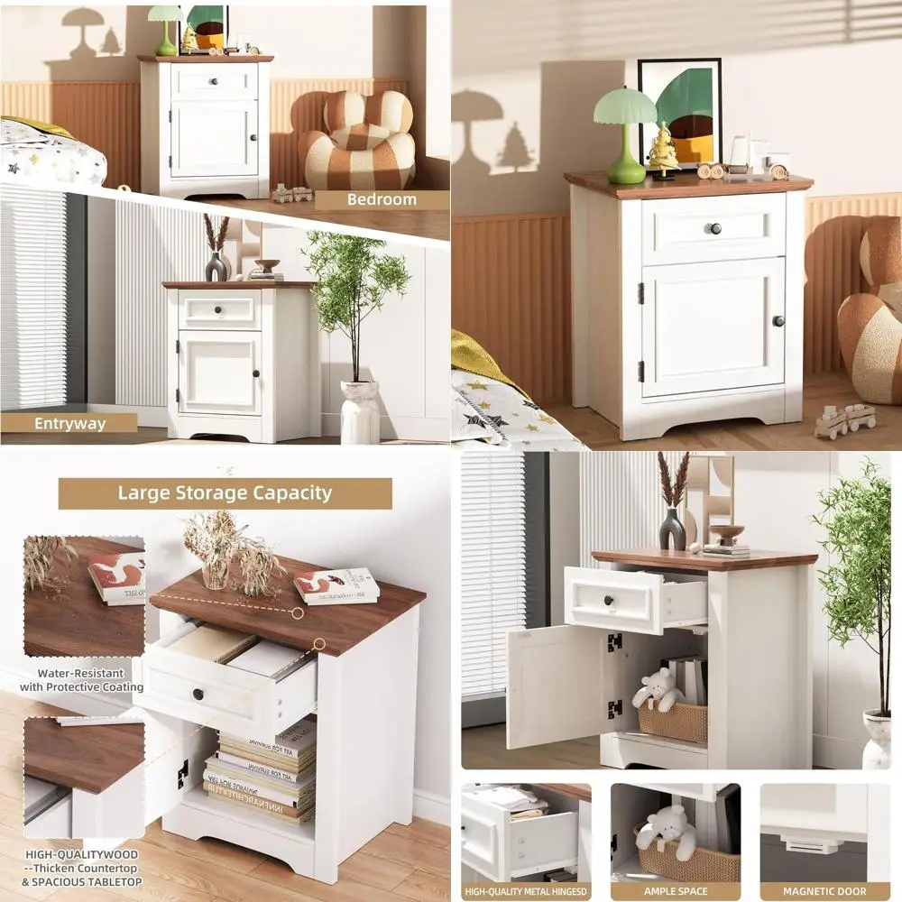 

Farmhouse Style Nightstand with Storage Drawer, White & Walnut Wooden Bedside Table for Bedrooms and Living Rooms