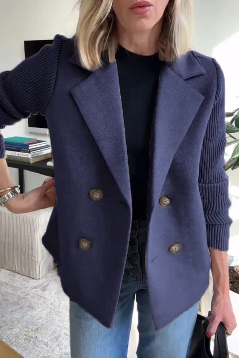 

Autumn New Jacket Fashion Commuter Women Loose Casual Solid Color Spliced ​​knitted Long Sleeved Lapel Double Breasted Warm Coat