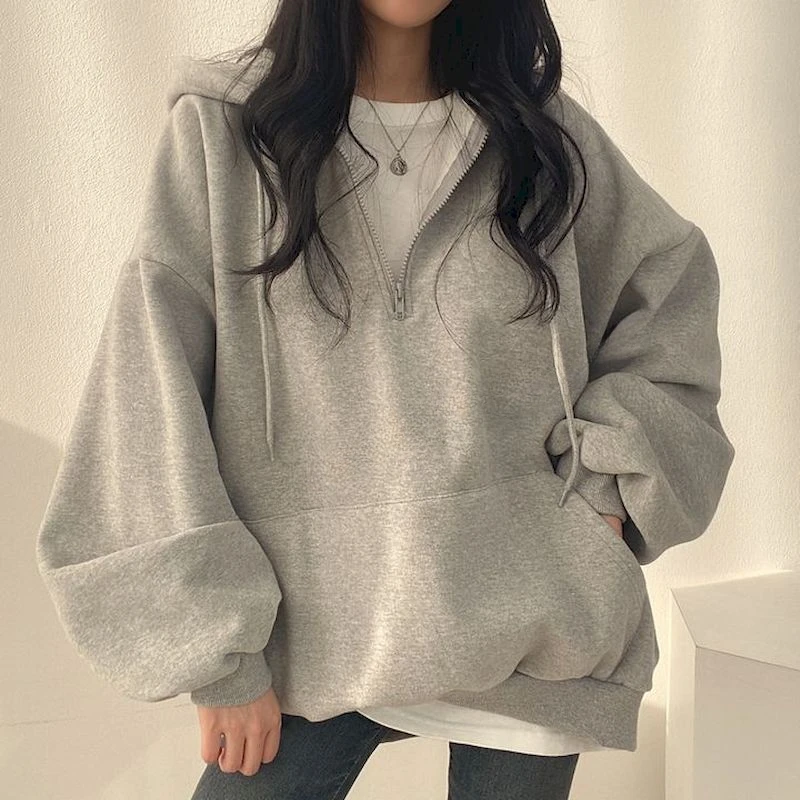 

Korean Fashion Hoodie Oversize Women 2023 Solid Color Casual Hoodies for Women Essential Hooded Sweatshirts with Zipper Female