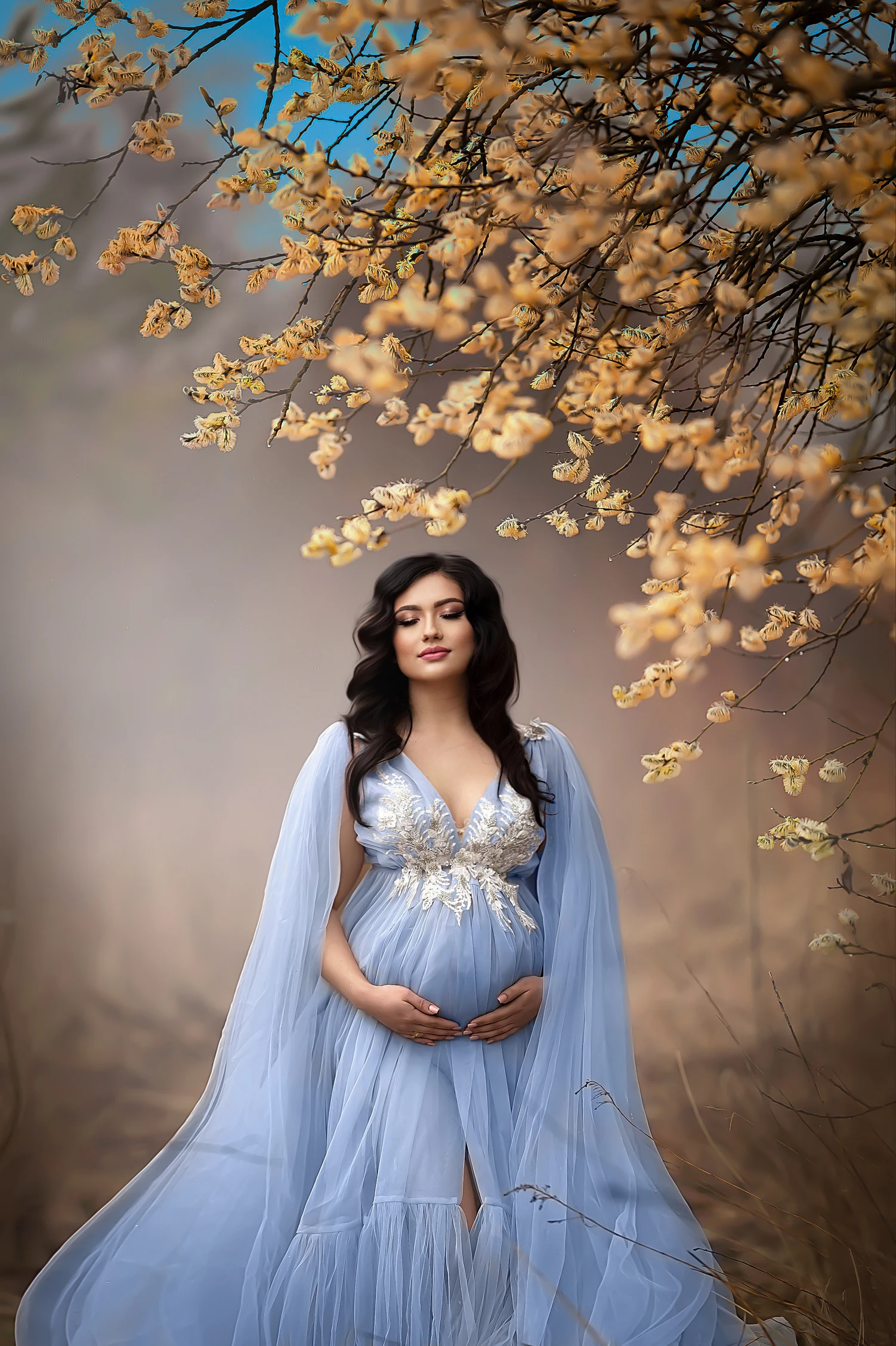 Dusty Blue Maternity Dress for Photoshoot Pregnant Women Photography Dresses Appliqued Beads Baby Shower Gowns