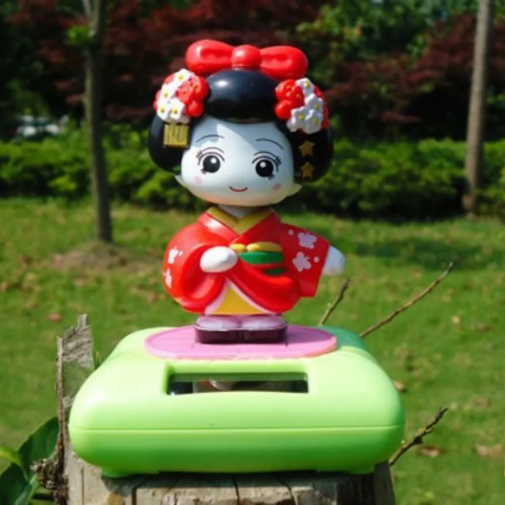 New Solar Powered Japanese-Style Doll Car Ornament Kimono Girl Shaking Head Nod Head Cartoon Doll Dashboard Cute Car Accessories