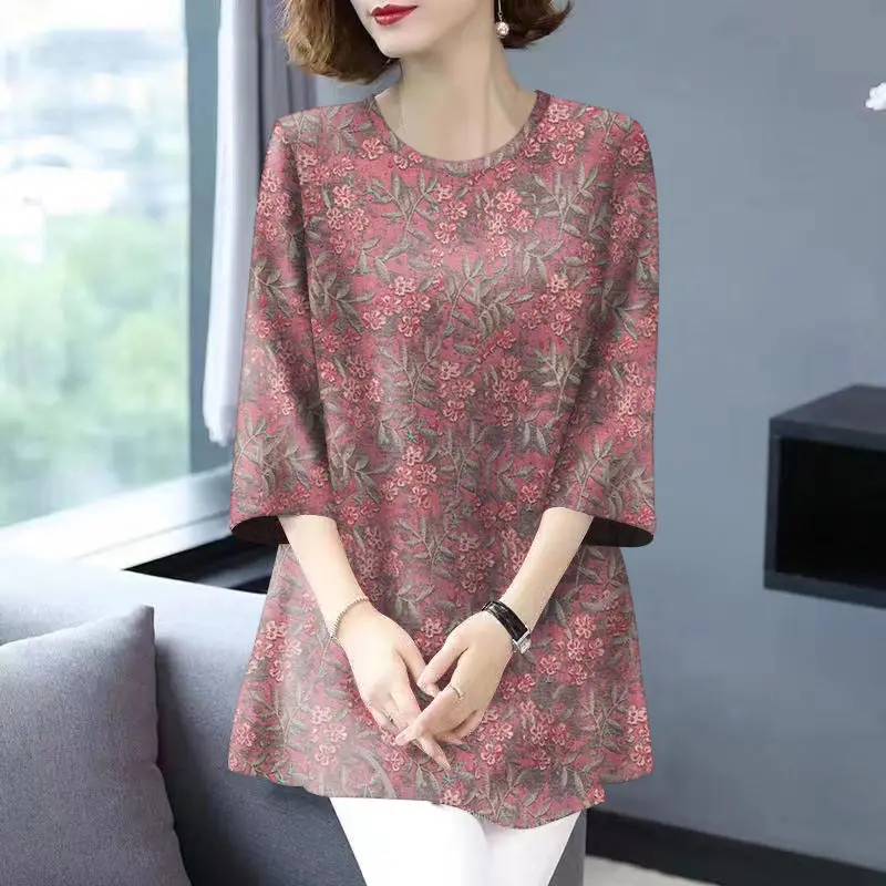 

Ice Silk Summer Women's 2024 New Pullover O-Neck Patchwork Printing Fashion Loose Minimalist Comfortable Casual 3/4 Sleeve Tops