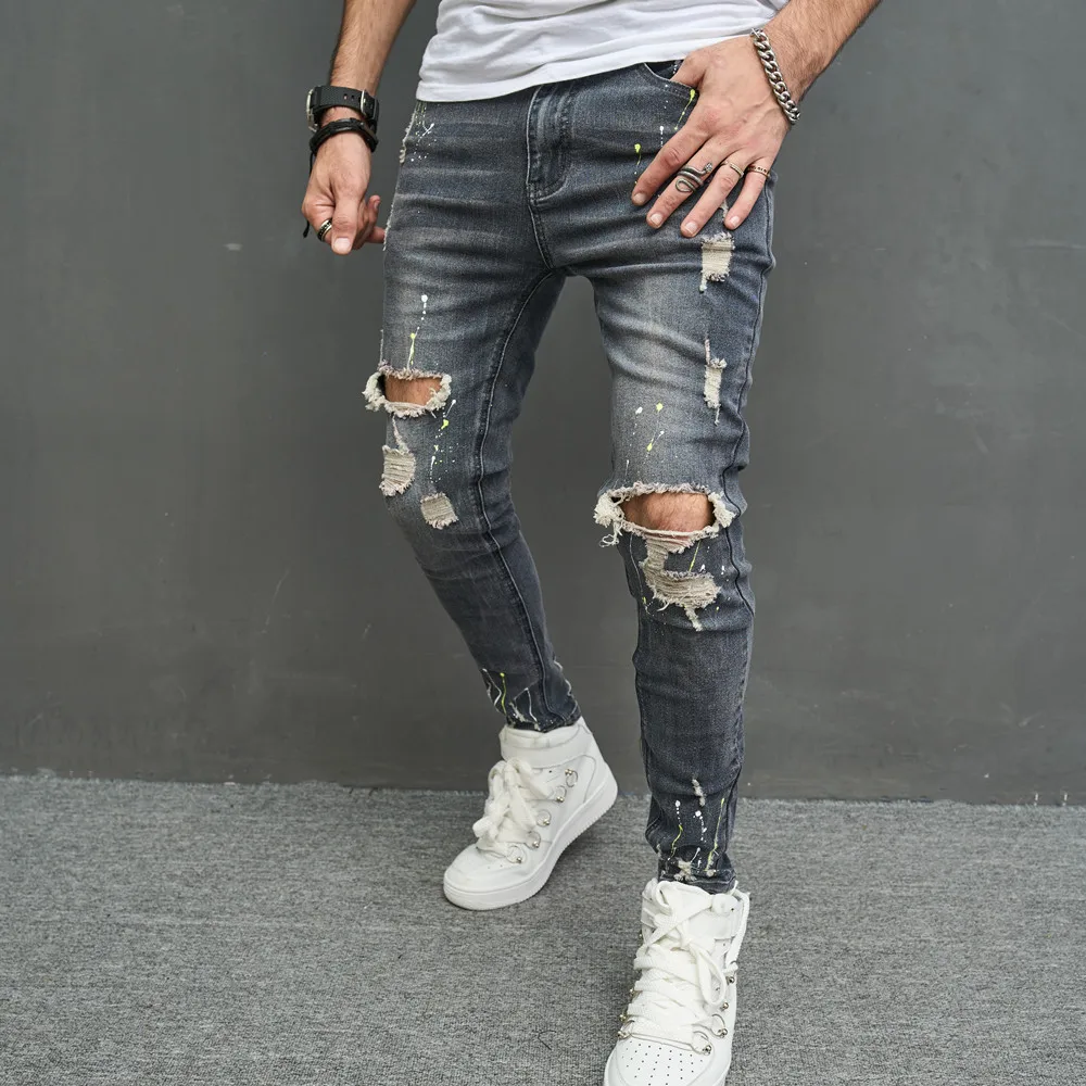 2023 New Mens Jeans Worn-out Knees Elastic Casual Full Length Streewear Ripped Jeans Fashion Ripped Jeans