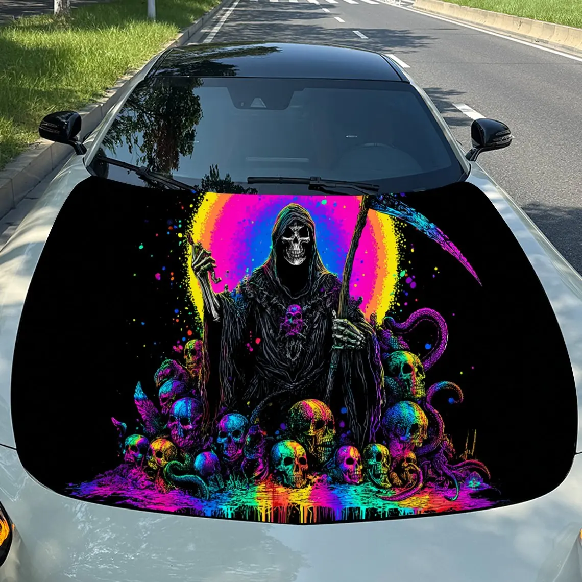 

Vibrant Grim Reaper and Skull Sea Frenzy Car Vinyl Wrap, PVC Material Waterproof Car Hood Sticker, Self-Adhesive Scratch-Resista