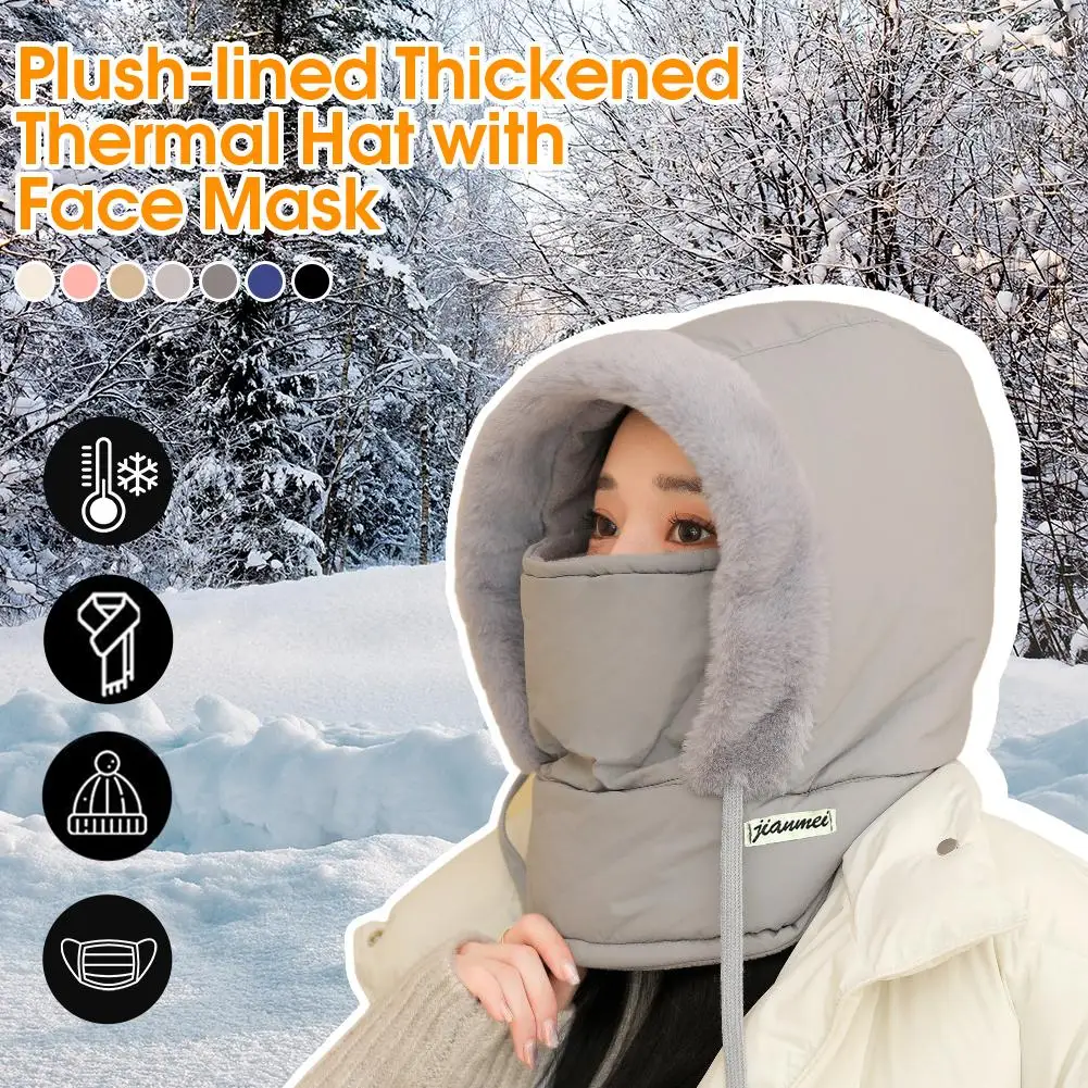 Winter Thermal Hat with Fluffy Padding, Thickened Outdoor Cold-Weather Face Mask and Scarf-in-One Windproof Cycling Helmet with