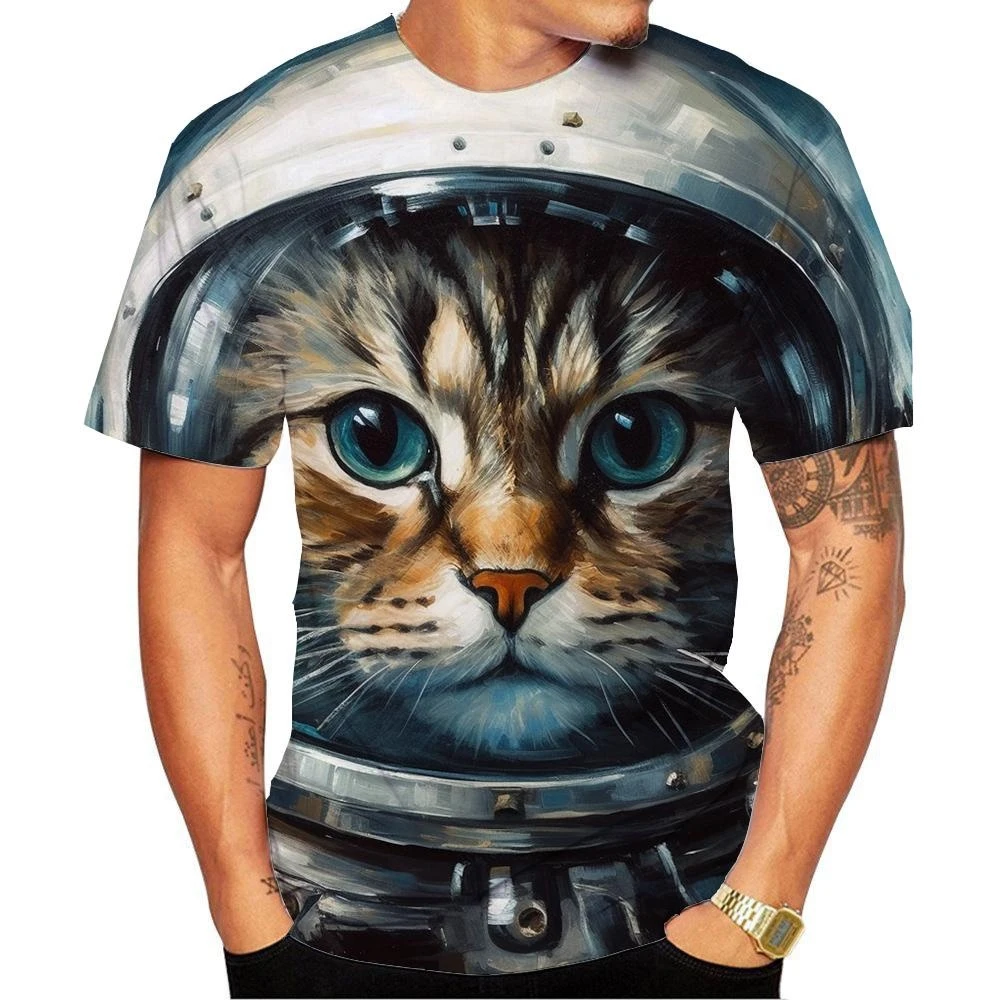 New Fashion Men\'s and Women\'s Crew Neck 3D HD Printing Space Cat Pattern T-shirt Street Style Unisex Fashion Kids Top 100-6XL