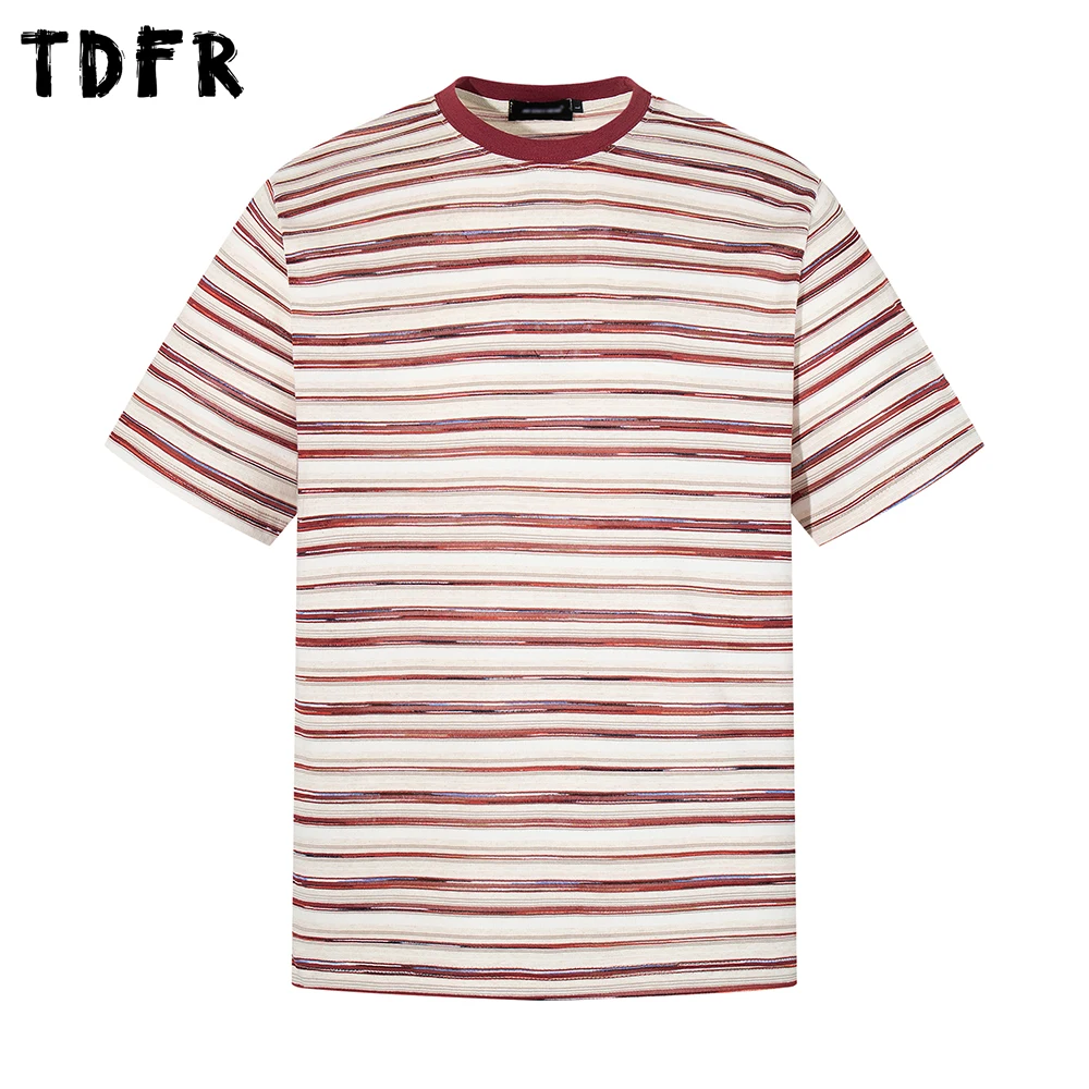 Horizontal Stripes Short Sleeve T-shirt Mens Summer Retro Casual Spliced Cotton Crew Neck Tee Man Tshirt