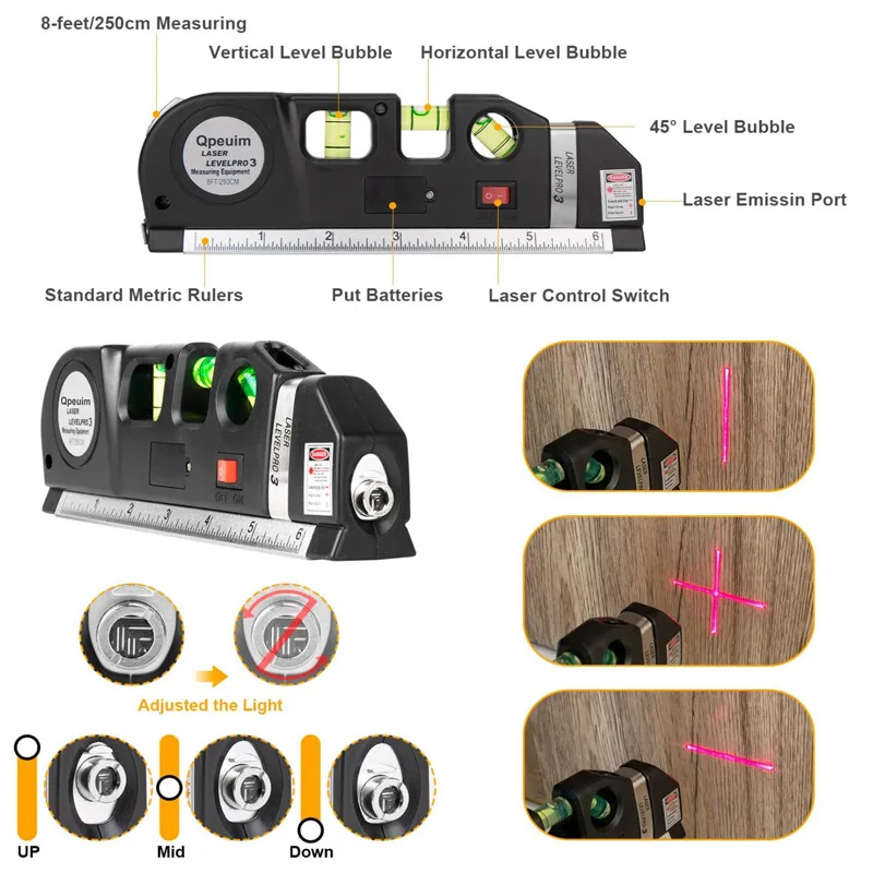 Home Multi-function High Precise Laser Leveling Instrument Steel Ruler Straight Line Laser Level Aligner Vertical Measure Tape