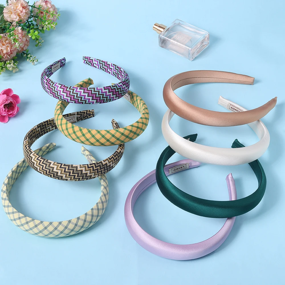 2.5cm Solid Color Plaid Hairband Fashion Wide Edge Satin Plaid Sponge Elastic Hair Bands for Women Gift Bandeau Cheveux