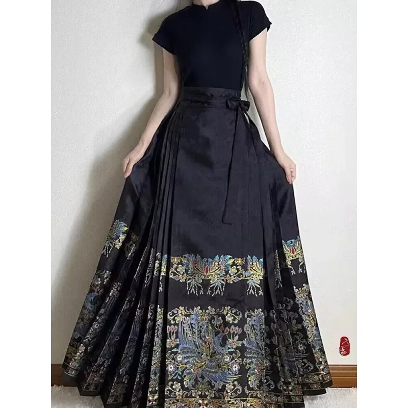 

Luxurious Floral Printed Pleated Long Skirts for Women Chinese Style Modified Hanfu Horse Face Skirt Elegant Pleated Skirt Y2k