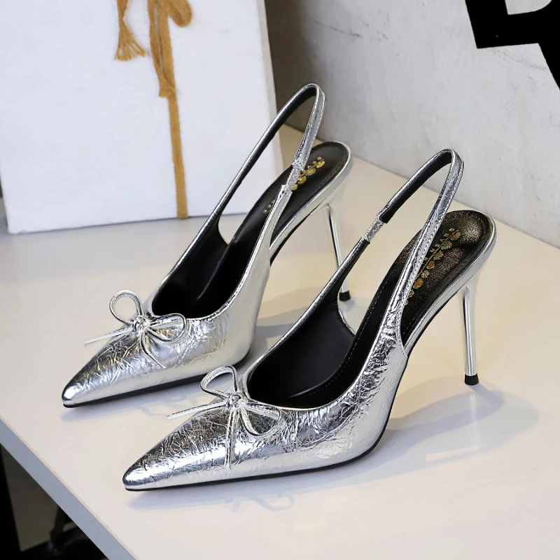 

French Banquet With Empty Shallow Mouth Pointed Toe Thin Heels Single Shoes For Women With Bows And Tripping High Heels