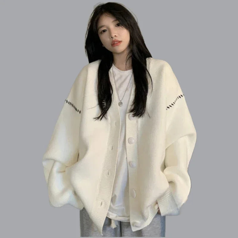 

Women Korean Version Loose Casual All-match Sweater Cardigan Coat Autumn and Winter Lazy Style V-neck Knitted Sweater Cardigan