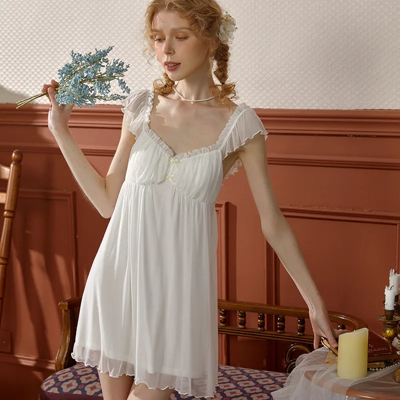 Fairy Summer Mesh Night Dress Princess Sleepwear Nightwear Women Modal V Neck Sleeveless Nightdress Sweet Solid Color Nightgown
