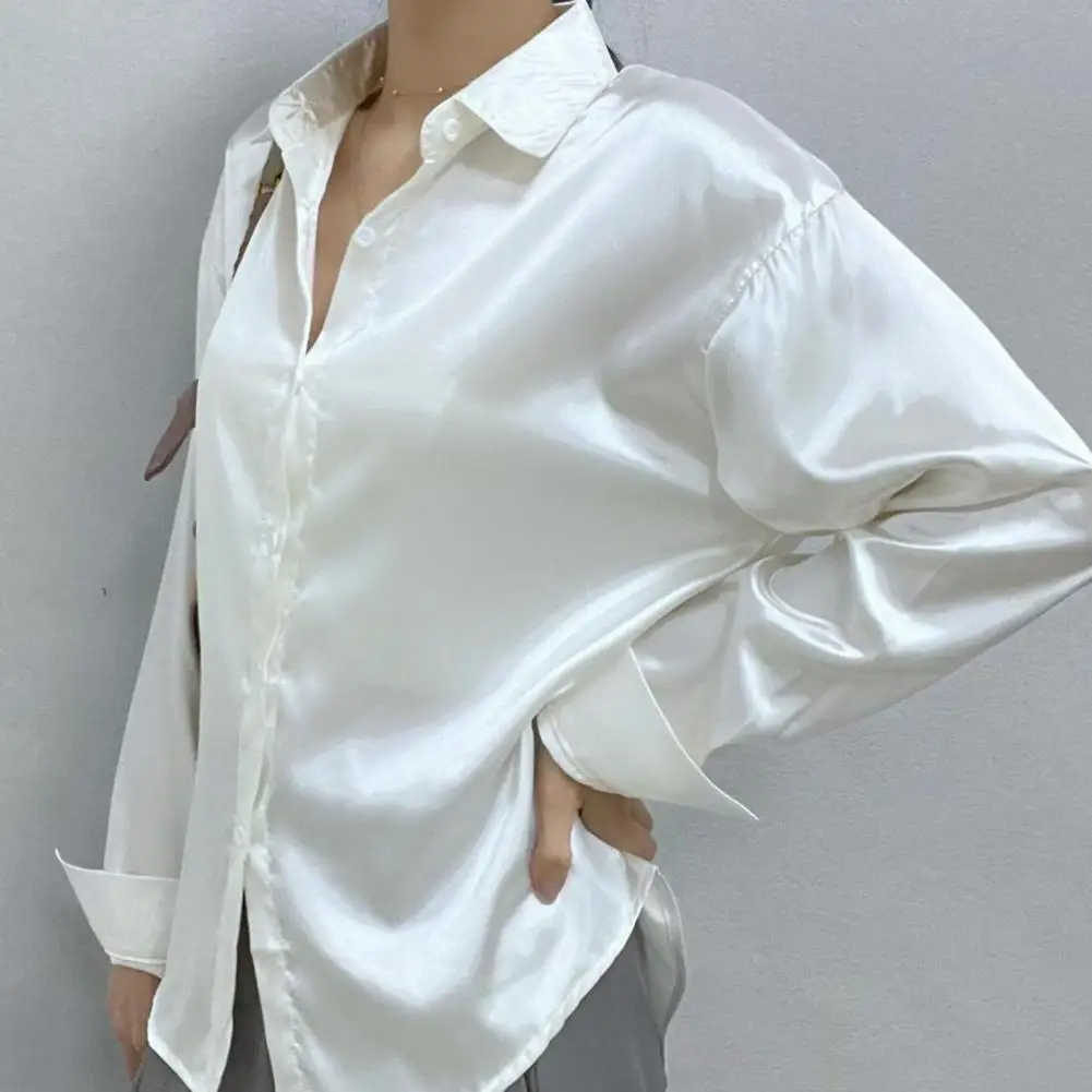 Satin Shirt Womens Clothing Silk Shirts Vintage Blouse Office Lady Sheer Top Lapel Single-breasted Solid Women Shirt Blouse