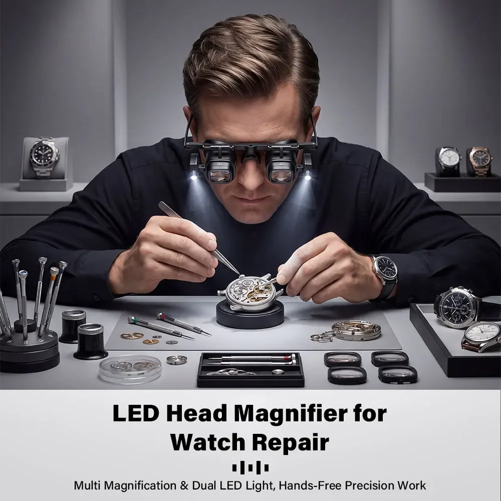 Professionelle Kopfmontierte Vergrößerungsbrille mit LED-Licht 2x, 6x, 8x, 10x, 12x, 24x Linsen für Uhren- und Schmuckreparatur – Detail 9