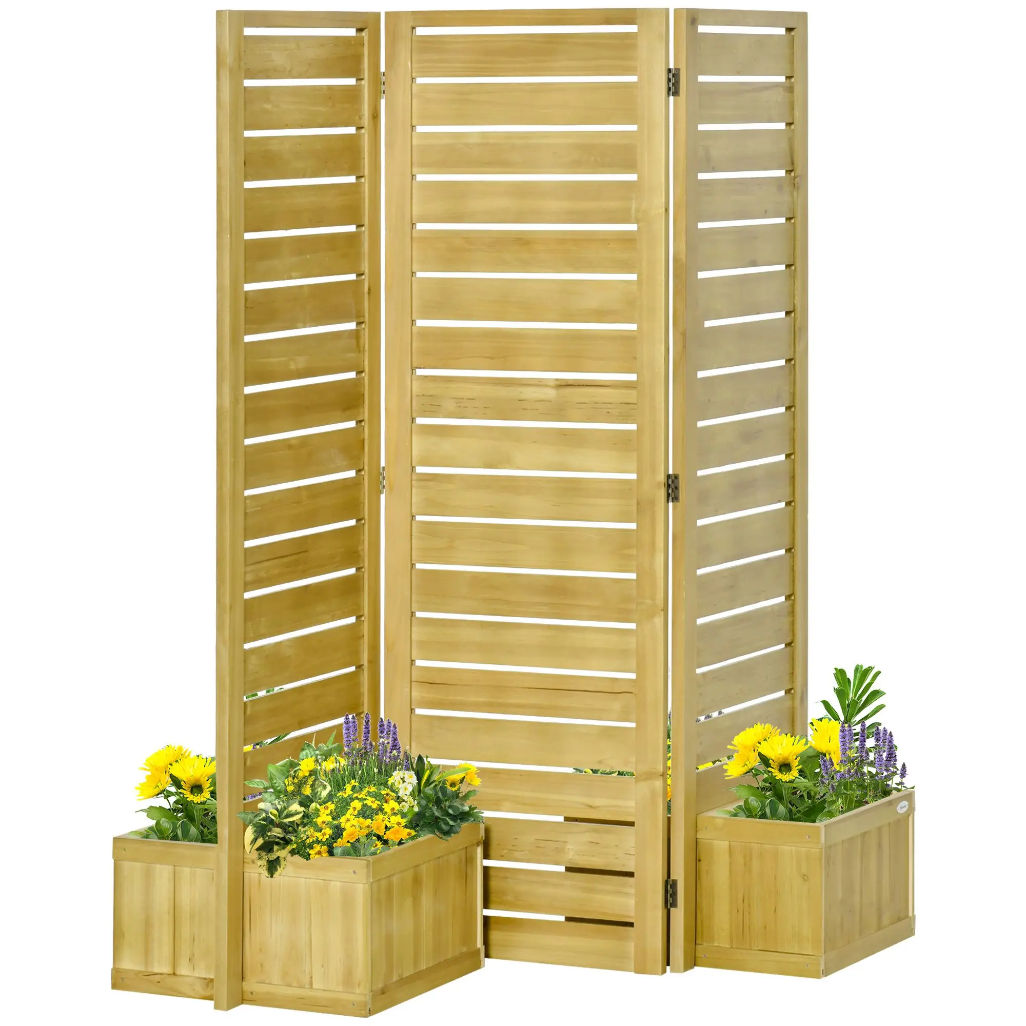 

Outsunny Freestanding Outdoor Privacy Screen, 4 Self-Draining Planters / Raised Garden Beds, 3 Hinged Panels for Hot Tub, Patio,