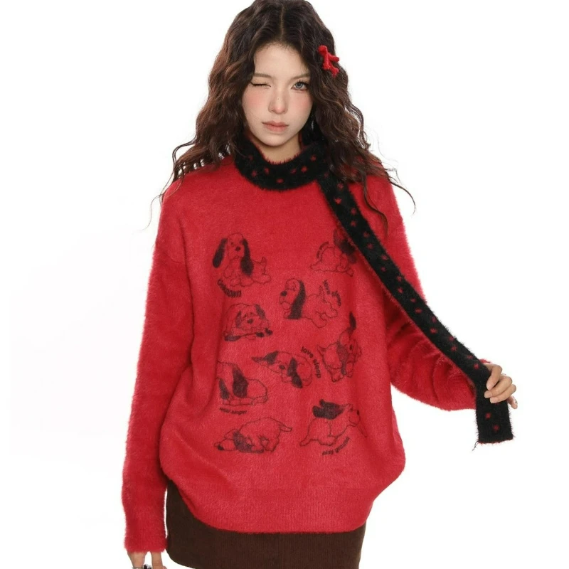 

Высококачественный кремовый пуловер с шарфом Laid-back Style, новый стиль развлечений, мягкий пушистый свитер из мохера для щенков для женщин, осень 2026 г.