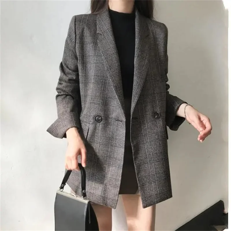 2024 donne inverno Plaid blazer cappotti moda coreana elegante solido giacca spessa femminile doppio petto ufficio signora lungo soprabito