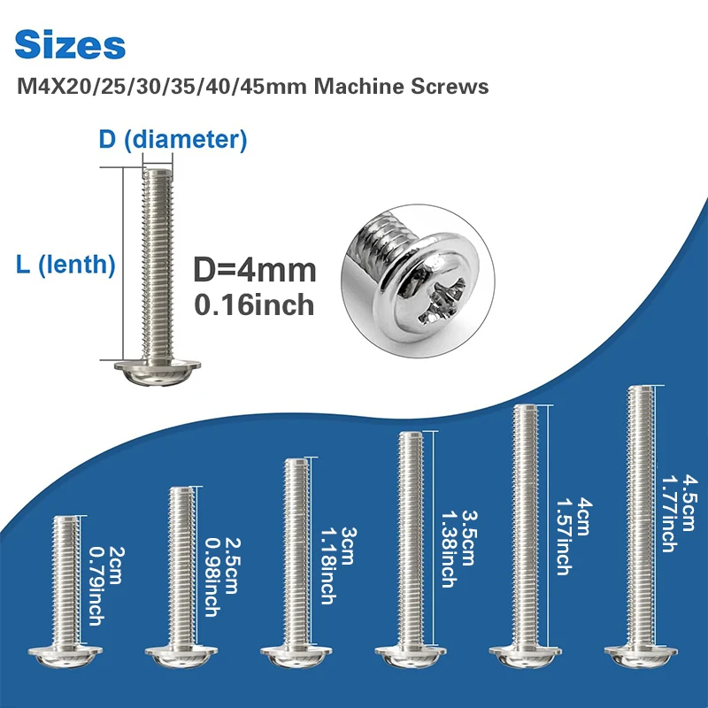 50-150 PCS Cabinet Pulls & Knobs Screws Kit, M4 20-45mm Assortment, Pan Washer Head Phillips Machine Screws, Metal Hardware