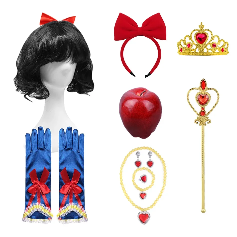 

New Kids Crown Magic Wand Necklace Wig Headdress Set Girls Snow White Princess Dress up Accessories Halloween Cosplay Accessory