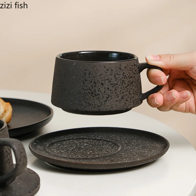 Black Ceramic Coffee Cup and Saucer Set Oatmeal Breakfast Cups Milk Tea Cups Water Cup Coffee Mug Milk Mug Tea Mugs Teacup