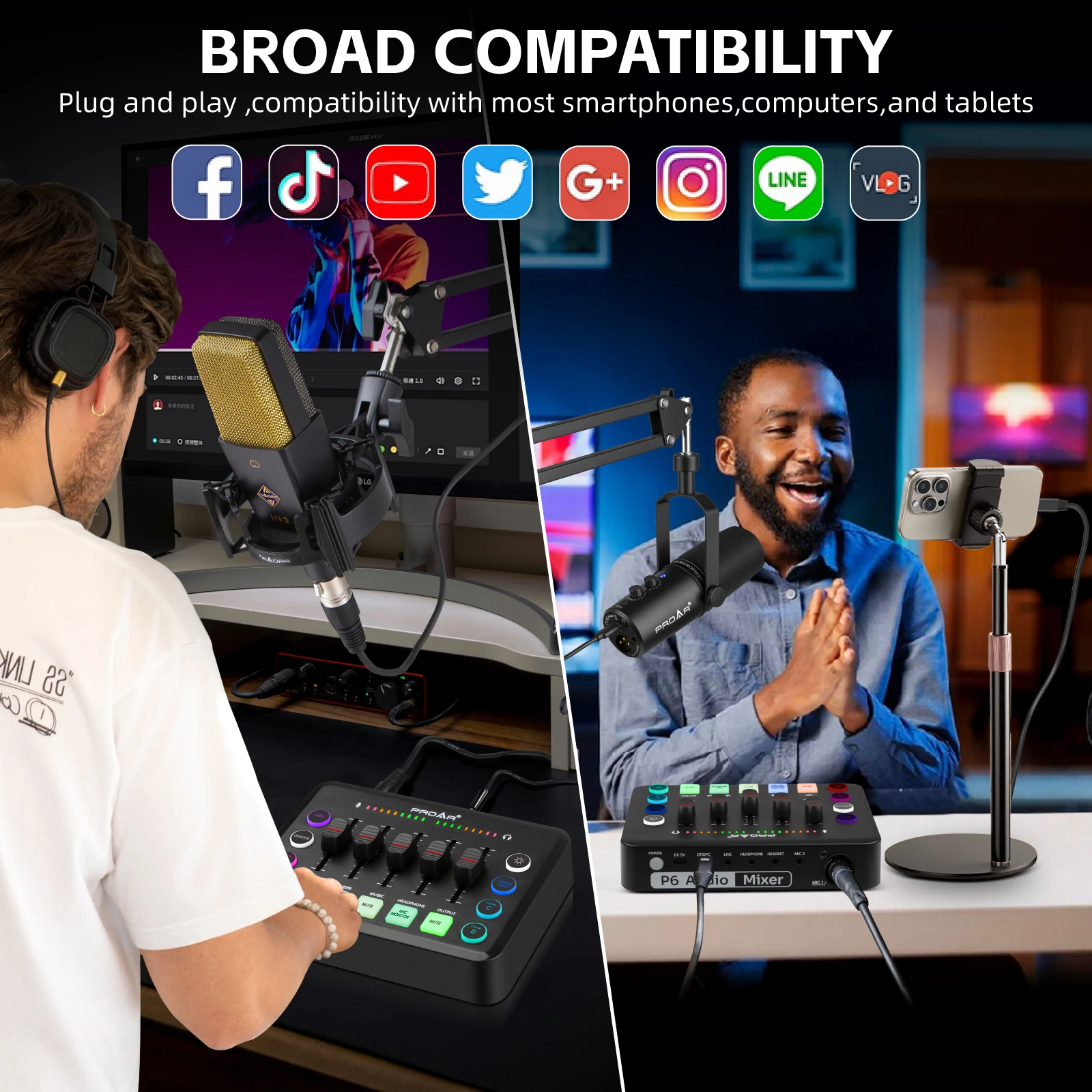 P6 Professional Cardioid Microphone Black Wired Studio Sound Live Audio Console With Noise Cancelling Youtube Wireless Streaming