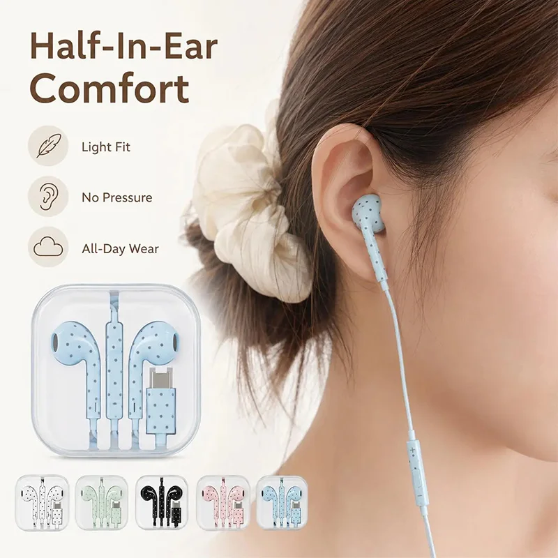 Cute Polka-dot Star Type C Earphone For Mi Iphone Samsung Headset Hifi Gaming Music Wired Earbuds Korean Style In Ear Headphones view 3