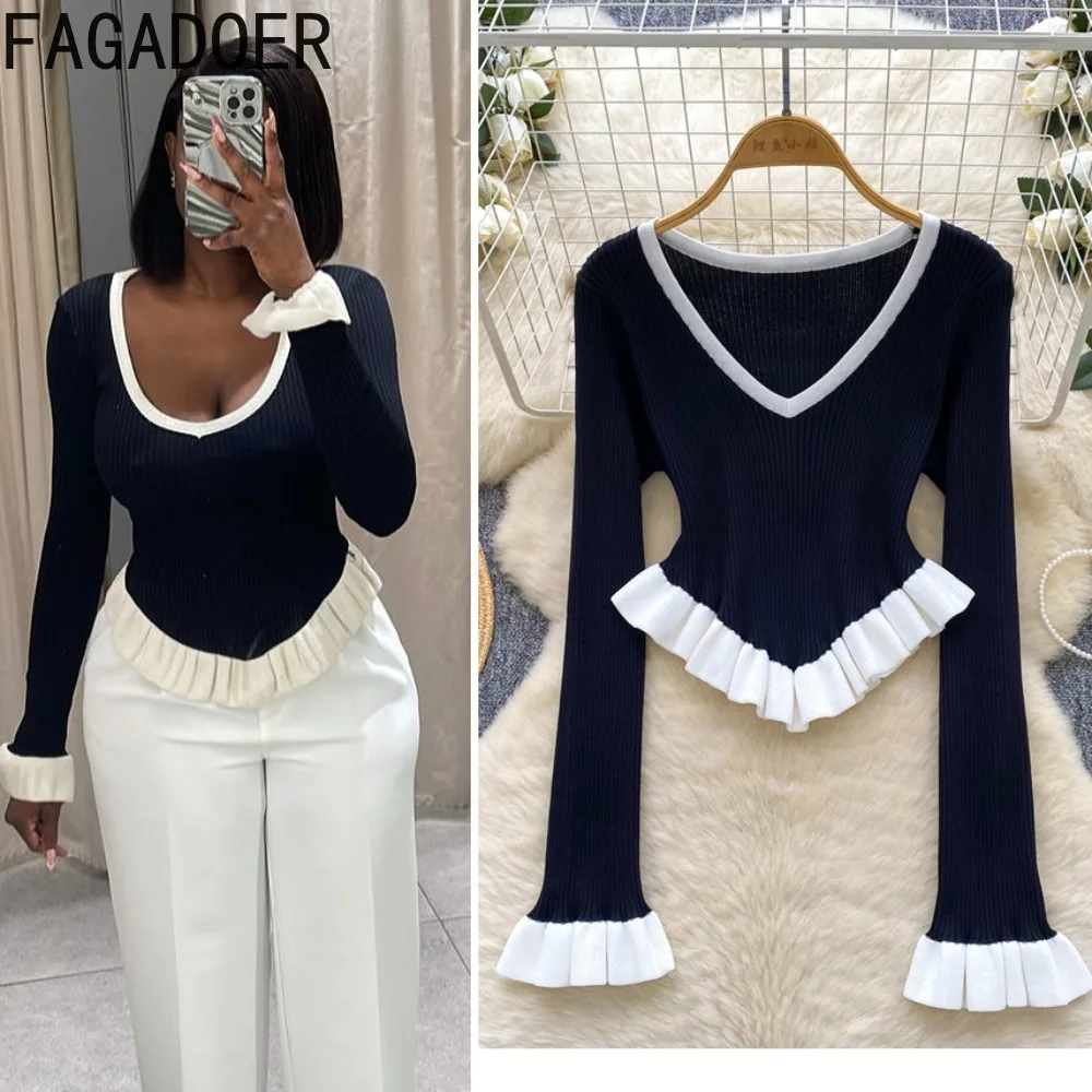 FAGADOER Fashion Color Striped Knitwear T-shirt Women Ruffle Hem Flared Sleeve Slimming Outerwear Top Female Streetwear Autumn