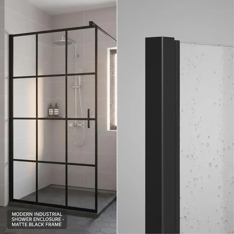 Paroi de douche 80x140 cm, cadre en aluminium noir, verre de sécurité ESG 4 mm avec motif grille noire et poignée ABS. Facile à assembler, bac de douche non inclus, design moderne pour salle de bain.
