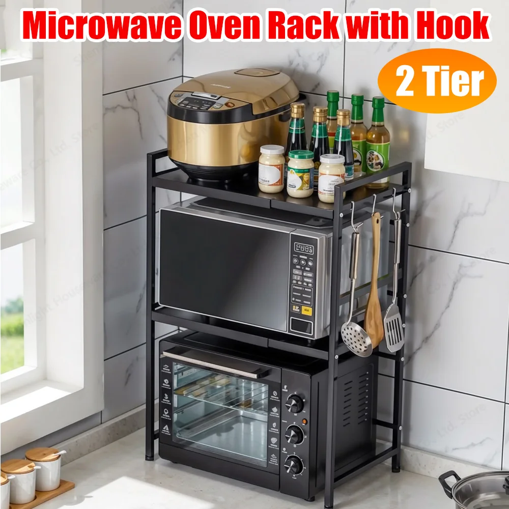 

Expandable Microwave Stand 2 Tier Countertop Kitchen Utensils Tableware Storage Over Microwave Shelf Countertop with Hooks