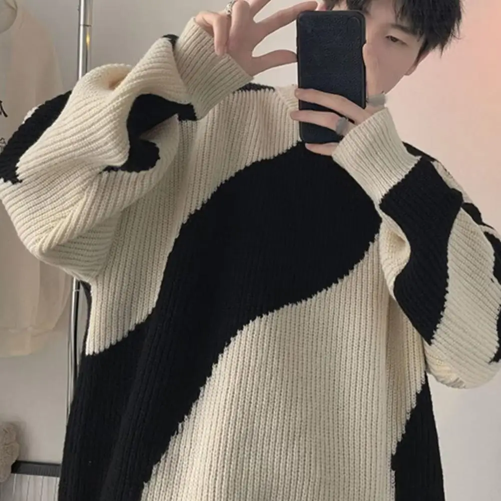 Herbst Oansatz Stricken Pullover für Männer Kuh Patchwork Pullover Männer Lose Beiläufige Harajuku 2023 Koreanische Mode Herren Übergroßen Pullover