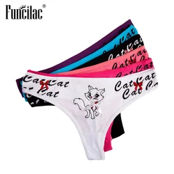 Cute Cat Print Thongs Women Sexy Lace G-String Cotton Bikini Panties Kitty Underpants Briefs Set Underwear Lingerie 5 Pcs/lot