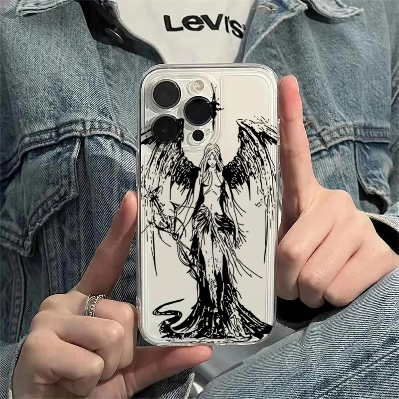 INS Style Space Angel Girl Transparent Phone Case For iPhone 16E 17 16 15 14 13 Pro Max Air 11 12 Mini XS XR X 7 8 Plus SE Cover