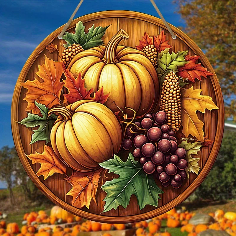 Autumn Harvest Wooden Wall Hanging Decor - Pumpkin, Grapes, Maple Leaf Design, Non-Electric, Handcrafted Wood Collectible Figuri