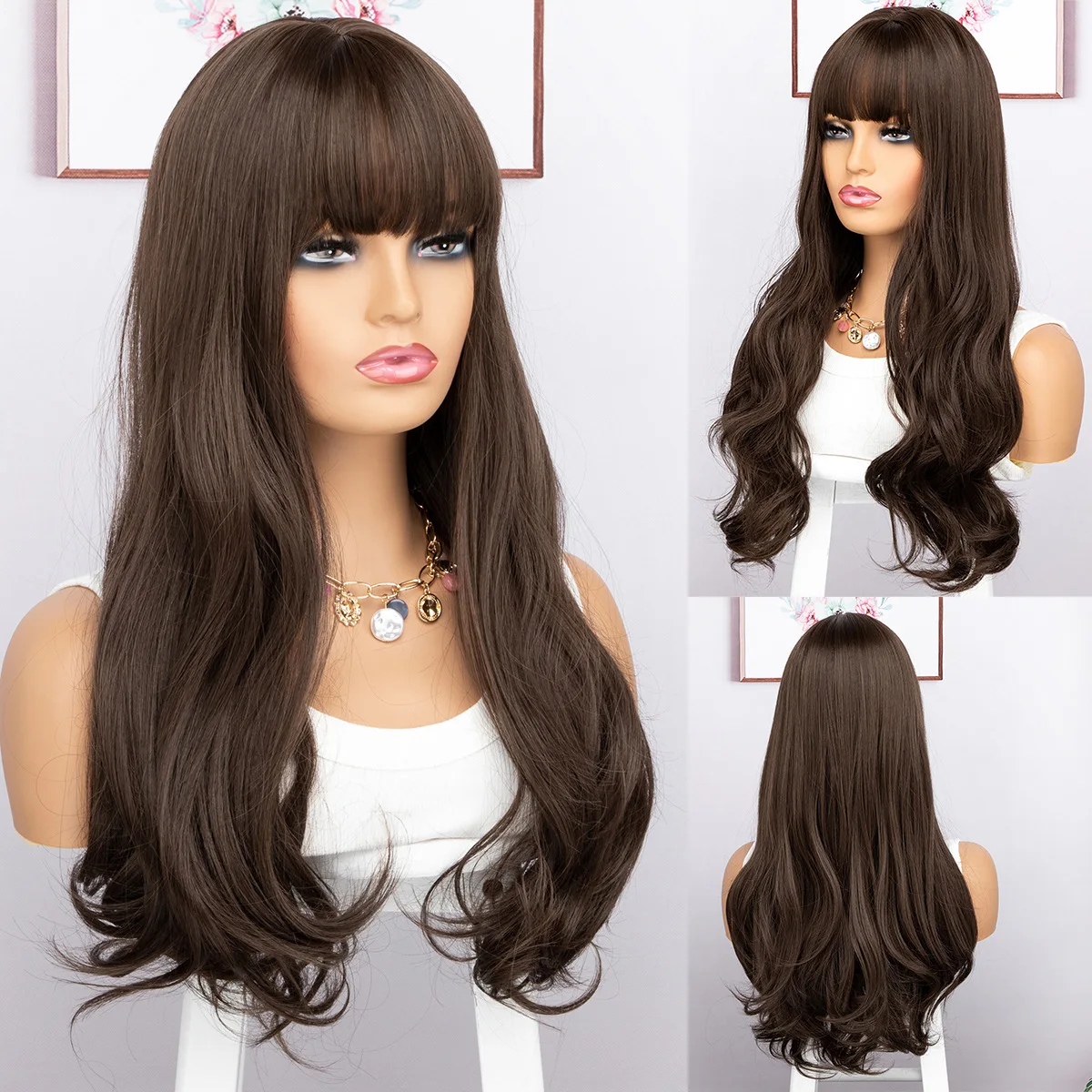 

New Wig Women's Full Headgear Dark Brown Qi Bangs Long Curly Hair Wig Cover Breathable Rose Mesh Headgear