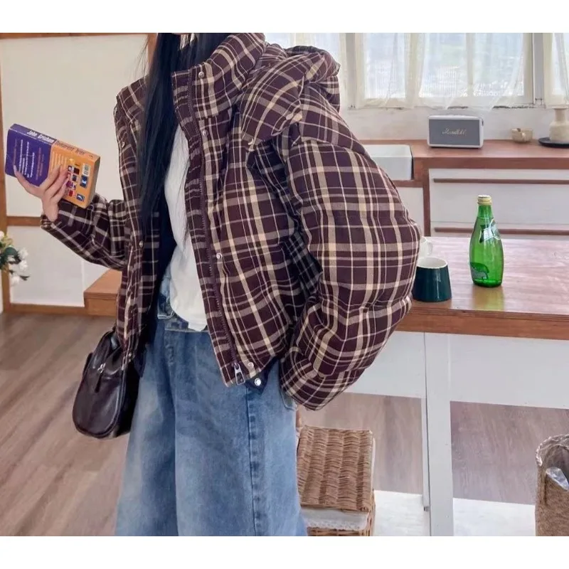 Korean-style Plaid Winter Cotton Coat 2025 Short Winter Petite New Thickened Warm Cotton Coat Outerwear