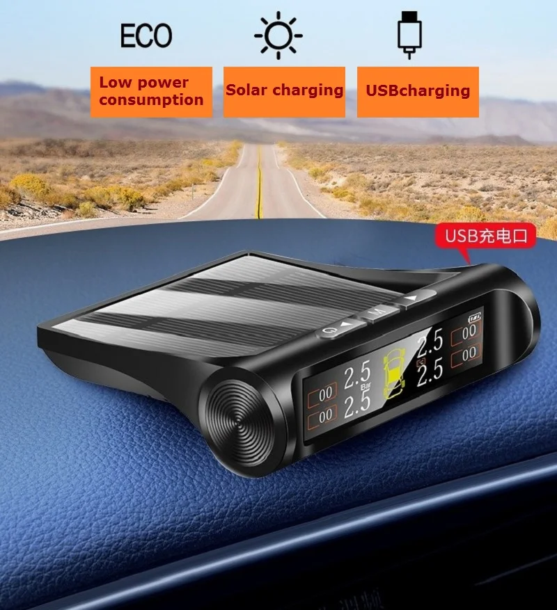 

top Car TPMS Solar/UBS Charging Long sandby Tire Pressure Monitoring System HD Digital LCD Display Auto Alarms with 4 Sensors